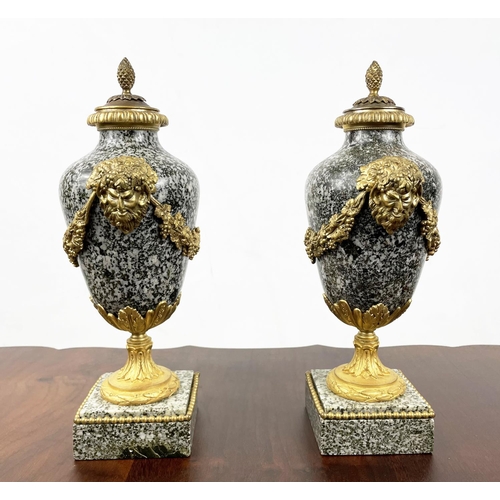11 - CASSOULETTES, a pair, French Empire grey, having variagated marble ormolu satyr mask mounts and flor... 