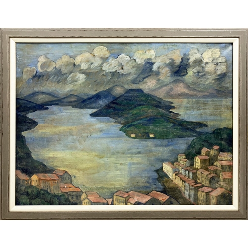110 - MANNER OF SPYROS PAPALOUKAS (1892-1957), 'Islands', oil on canvas, 69cm x 78cm, framed.