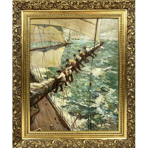 118 - PETER HAXTON, 'Furling the Sails', oil on board, 66cm x 55cm, signed, framed.