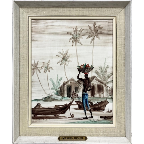 133 - MAXIMO PUGLISI, 'Figure on a beach with boats, Caribbean', oil on canvas, 29cm x 23cm, signed, frame... 