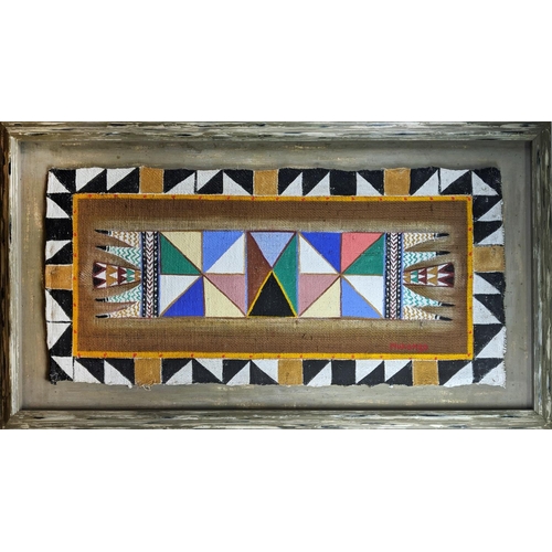 134 - AFRICAN SCHOOL, large rug design painting on hessian, signed Mukombo, in a painted frame, 183cm W x ... 