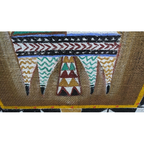 134 - AFRICAN SCHOOL, large rug design painting on hessian, signed Mukombo, in a painted frame, 183cm W x ... 