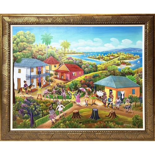 135 - JEAN DAVID BOURSIQUOT (b.1949, Jacmel, Haiti), 'Carnival', oil on canvas, signed, framed.