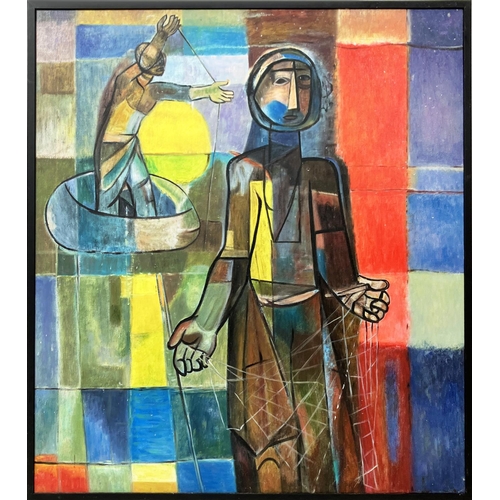 157 - MANNER OF FAEQ HASSAN (Iraq, 1914-1992), 'Fishermen', oil on canvas, 86cm x 78cm, framed.