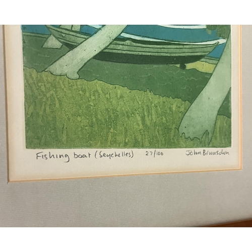 162 - JOHN BRUNSDON, 'Fishing Boat, Seychelles', wood block, signed, titled and numbered in pencil, framed... 