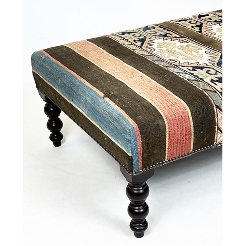 224 - GEORGE SMITH KILIM FOOTSTOOL, rectangular kilim upholstered with turned tapering supports, 38cm H x ... 