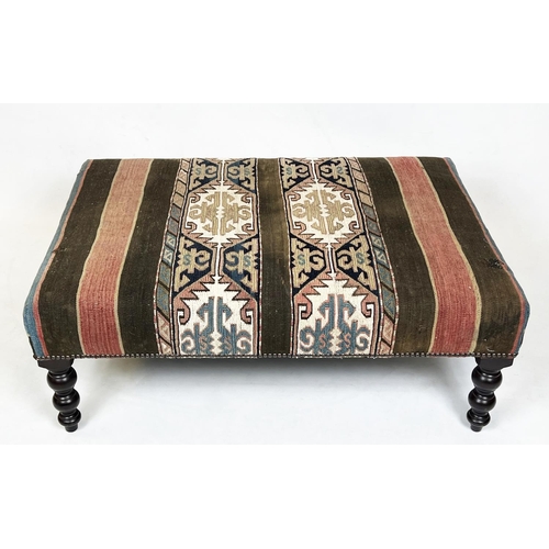 224 - GEORGE SMITH KILIM FOOTSTOOL, rectangular kilim upholstered with turned tapering supports, 38cm H x ... 