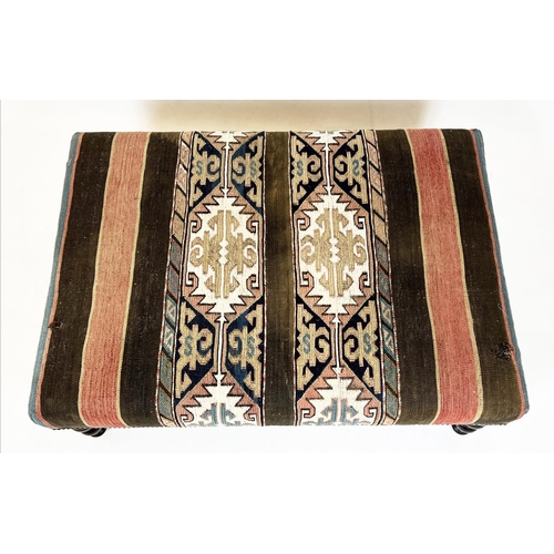 224 - GEORGE SMITH KILIM FOOTSTOOL, rectangular kilim upholstered with turned tapering supports, 38cm H x ... 