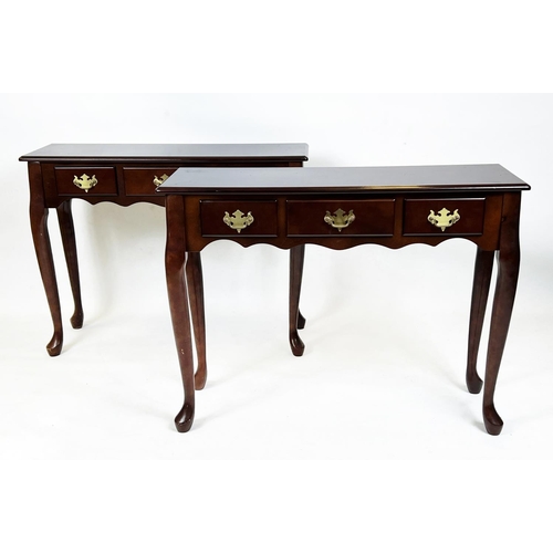 225 - CONSOLE TABLES, a pair, George III design, mahogany each with three drawers, 69cm H x 92cm W x 30cn ... 