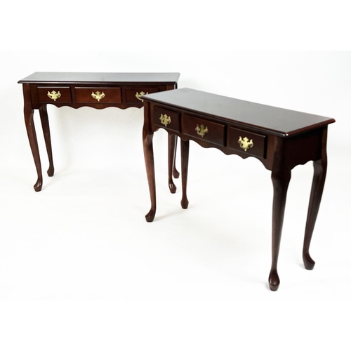 225 - CONSOLE TABLES, a pair, George III design, mahogany each with three drawers, 69cm H x 92cm W x 30cn ... 