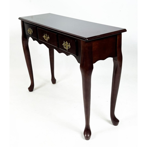 225 - CONSOLE TABLES, a pair, George III design, mahogany each with three drawers, 69cm H x 92cm W x 30cn ... 