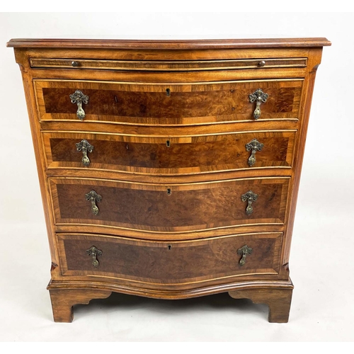 228 - BACHELOR'S SERPENTINE CHEST, 18th century style burr amboyna top with mahogany banding,  above green... 