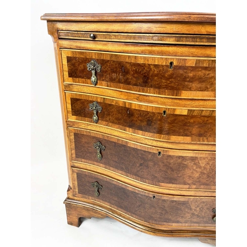 228 - BACHELOR'S SERPENTINE CHEST, 18th century style burr amboyna top with mahogany banding,  above green... 