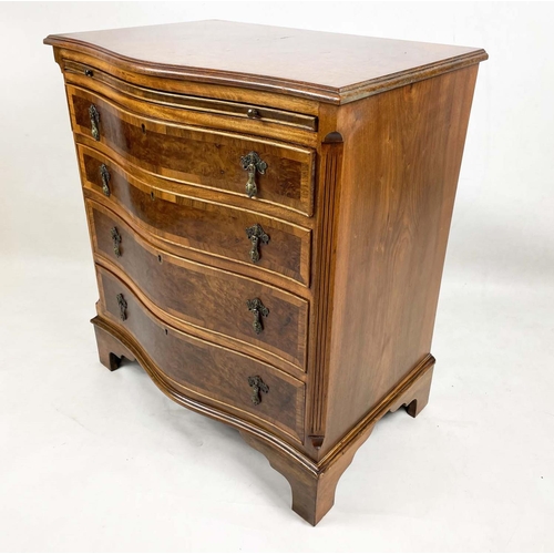 228 - BACHELOR'S SERPENTINE CHEST, 18th century style burr amboyna top with mahogany banding,  above green... 