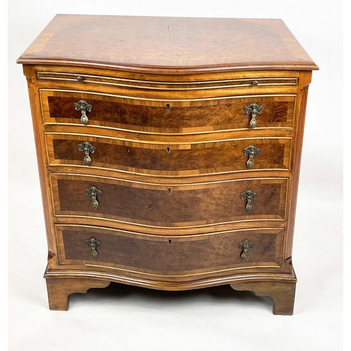 228 - BACHELOR'S SERPENTINE CHEST, 18th century style burr amboyna top with mahogany banding,  above green... 