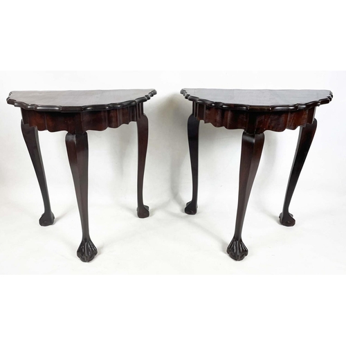 230 - HALL TABLES, a pair, Irish Georgian 18th century style, shaped pie crust edge on cabriole legs with ... 