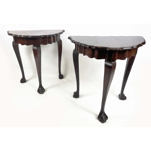 230 - HALL TABLES, a pair, Irish Georgian 18th century style, shaped pie crust edge on cabriole legs with ... 