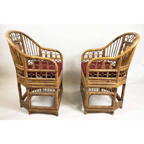 231 - BRIGHTON PAVILION STYLE BAMBOO AND CANED CHAIRS, a pair, with squab cushions, 55cm W. (2)