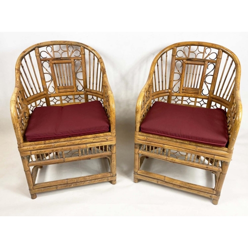 231 - BRIGHTON PAVILION STYLE BAMBOO AND CANED CHAIRS, a pair, with squab cushions, 55cm W. (2)