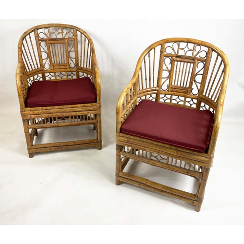 231 - BRIGHTON PAVILION STYLE BAMBOO AND CANED CHAIRS, a pair, with squab cushions, 55cm W. (2)