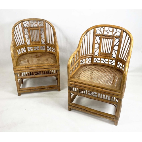 231 - BRIGHTON PAVILION STYLE BAMBOO AND CANED CHAIRS, a pair, with squab cushions, 55cm W. (2)