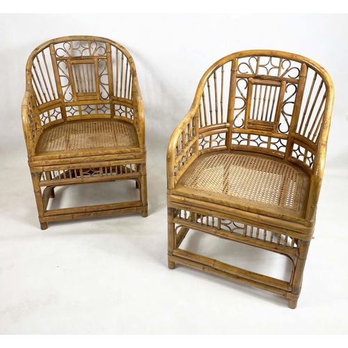 231 - BRIGHTON PAVILION STYLE BAMBOO AND CANED CHAIRS, a pair, with squab cushions, 55cm W. (2)