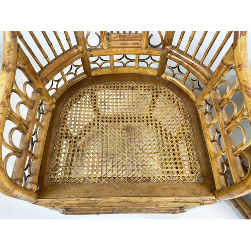 231 - BRIGHTON PAVILION STYLE BAMBOO AND CANED CHAIRS, a pair, with squab cushions, 55cm W. (2)