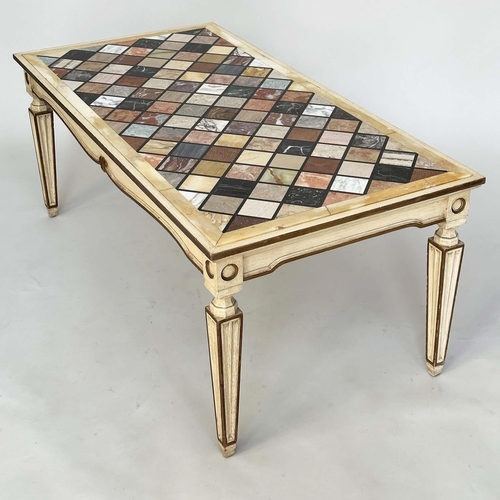 237 - SPECIMEN MARBLE LOW TABLE, Italian painted and parcel gilt with rectangular inset top and square tap... 