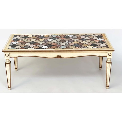237 - SPECIMEN MARBLE LOW TABLE, Italian painted and parcel gilt with rectangular inset top and square tap... 