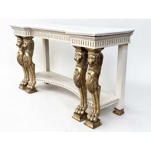 238 - CONSOLE TABLE, Neo Classical form giltwood and gesso-moulded with inverted breakfront marble top, fl... 