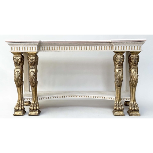 238 - CONSOLE TABLE, Neo Classical form giltwood and gesso-moulded with inverted breakfront marble top, fl... 