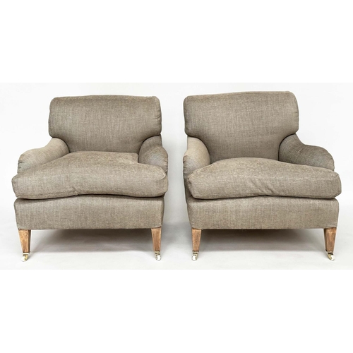 239 - HOWARD STYLE ARMCHAIRS, a pair, late 19th/early 20th century Howard style, feather-filled deep seate... 