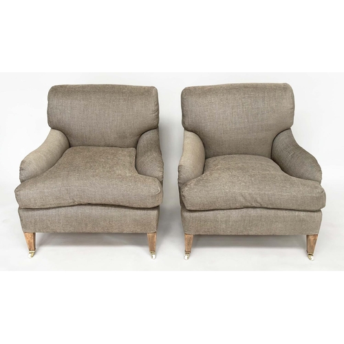 239 - HOWARD STYLE ARMCHAIRS, a pair, late 19th/early 20th century Howard style, feather-filled deep seate... 