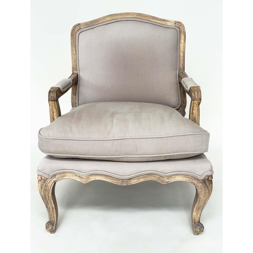 245 - BERGERE, French Louis XV style beech framed in natural linen upholstery.