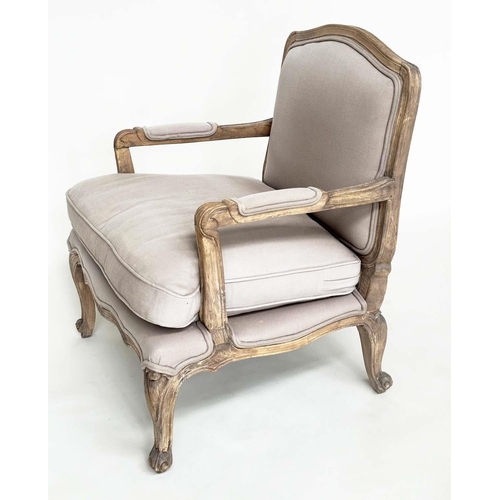 245 - BERGERE, French Louis XV style beech framed in natural linen upholstery.