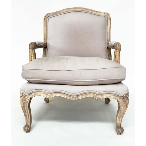 245 - BERGERE, French Louis XV style beech framed in natural linen upholstery.