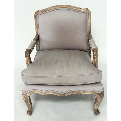 245 - BERGERE, French Louis XV style beech framed in natural linen upholstery.