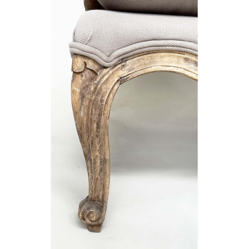 245 - BERGERE, French Louis XV style beech framed in natural linen upholstery.