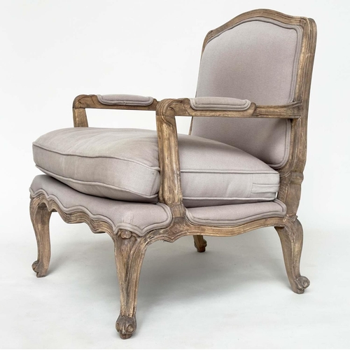 245 - BERGERE, French Louis XV style beech framed in natural linen upholstery.