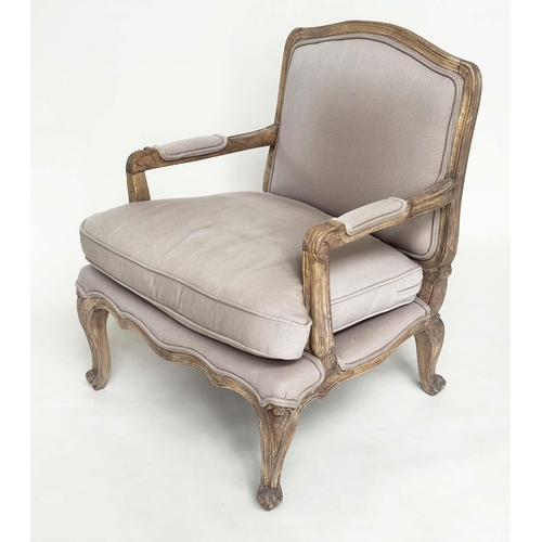 245 - BERGERE, French Louis XV style beech framed in natural linen upholstery.