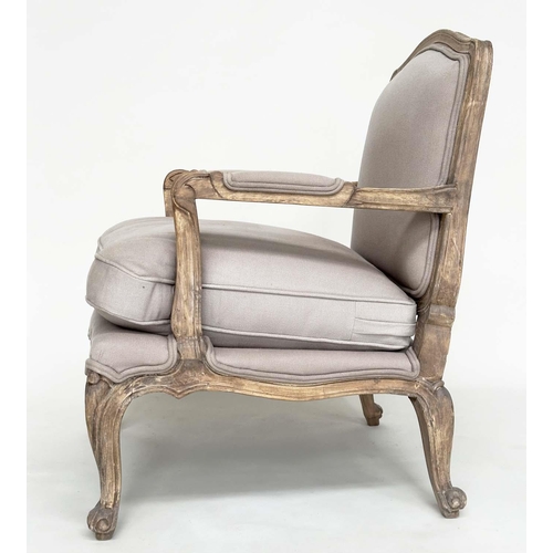 245 - BERGERE, French Louis XV style beech framed in natural linen upholstery.