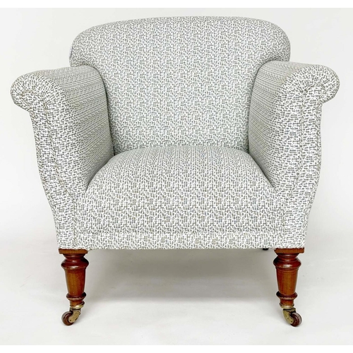 247 - HAMPTON & SONS ARMCHAIR, Victorian mahogany, with turned tapering front supports, newly reupholstere... 