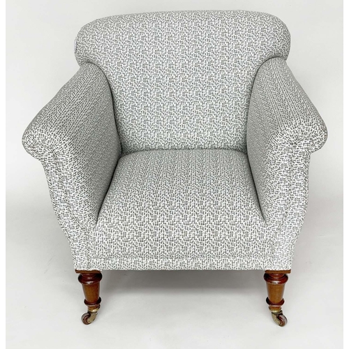 247 - HAMPTON & SONS ARMCHAIR, Victorian mahogany, with turned tapering front supports, newly reupholstere... 