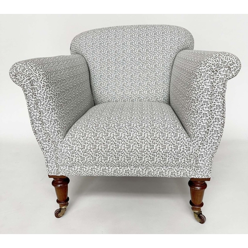 247 - HAMPTON & SONS ARMCHAIR, Victorian mahogany, with turned tapering front supports, newly reupholstere... 