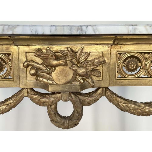 248 - ITALIAN CONSOLE TABLE, Italian early 20th century giltwood with brèche marble top above pierced rose... 