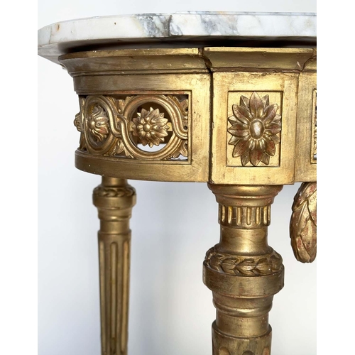 248 - ITALIAN CONSOLE TABLE, Italian early 20th century giltwood with brèche marble top above pierced rose... 