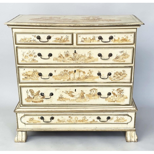 250 - CHEST ON STAND, George III and sepia gilt Chinoiserie decorated with four long drawers, 107cm x 49cm... 