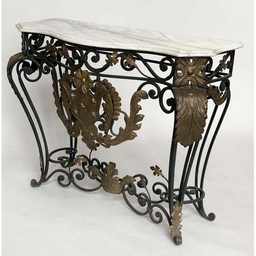 254 - SPANISH CONSOLE TABLE, wrought iron,  marble top, and gilt metal with allover scroll decoration, cen... 