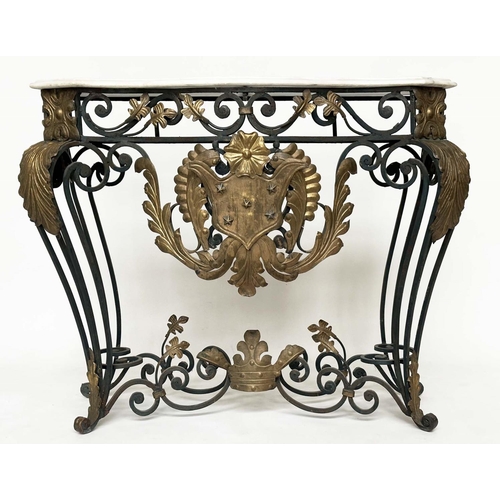 254 - SPANISH CONSOLE TABLE, wrought iron,  marble top, and gilt metal with allover scroll decoration, cen... 