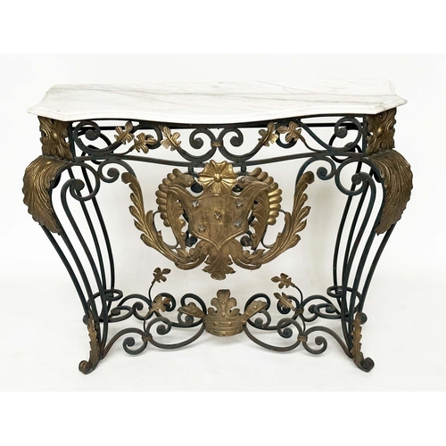 254 - SPANISH CONSOLE TABLE, wrought iron,  marble top, and gilt metal with allover scroll decoration, cen... 